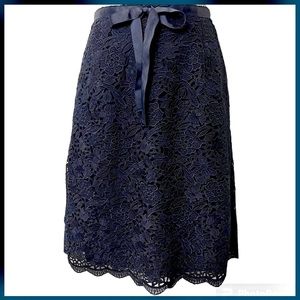 Jill Stuart Navy Crochet Lace Scallop Hem Ribbon Waist Tie Pencil Skirt (S)